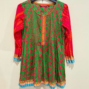 Haute Curry Green Multi Color Pullover Top Peasant Tunic Hippie Gyspy Sz Lg